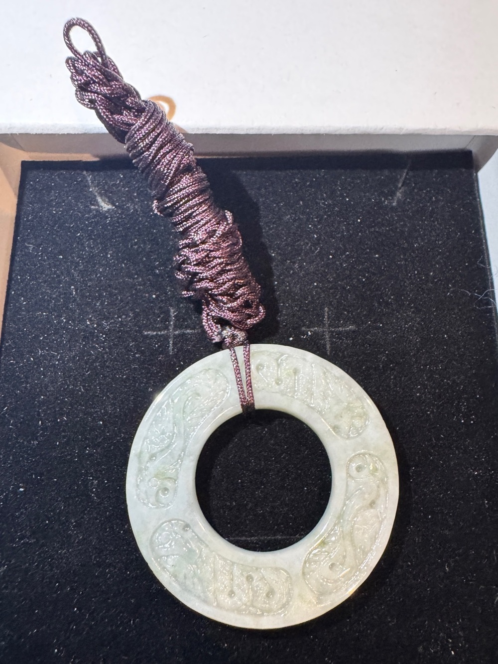 Jade Donut Dragon ๐ carved Pendant Necklace in Light Green with Brown Cord